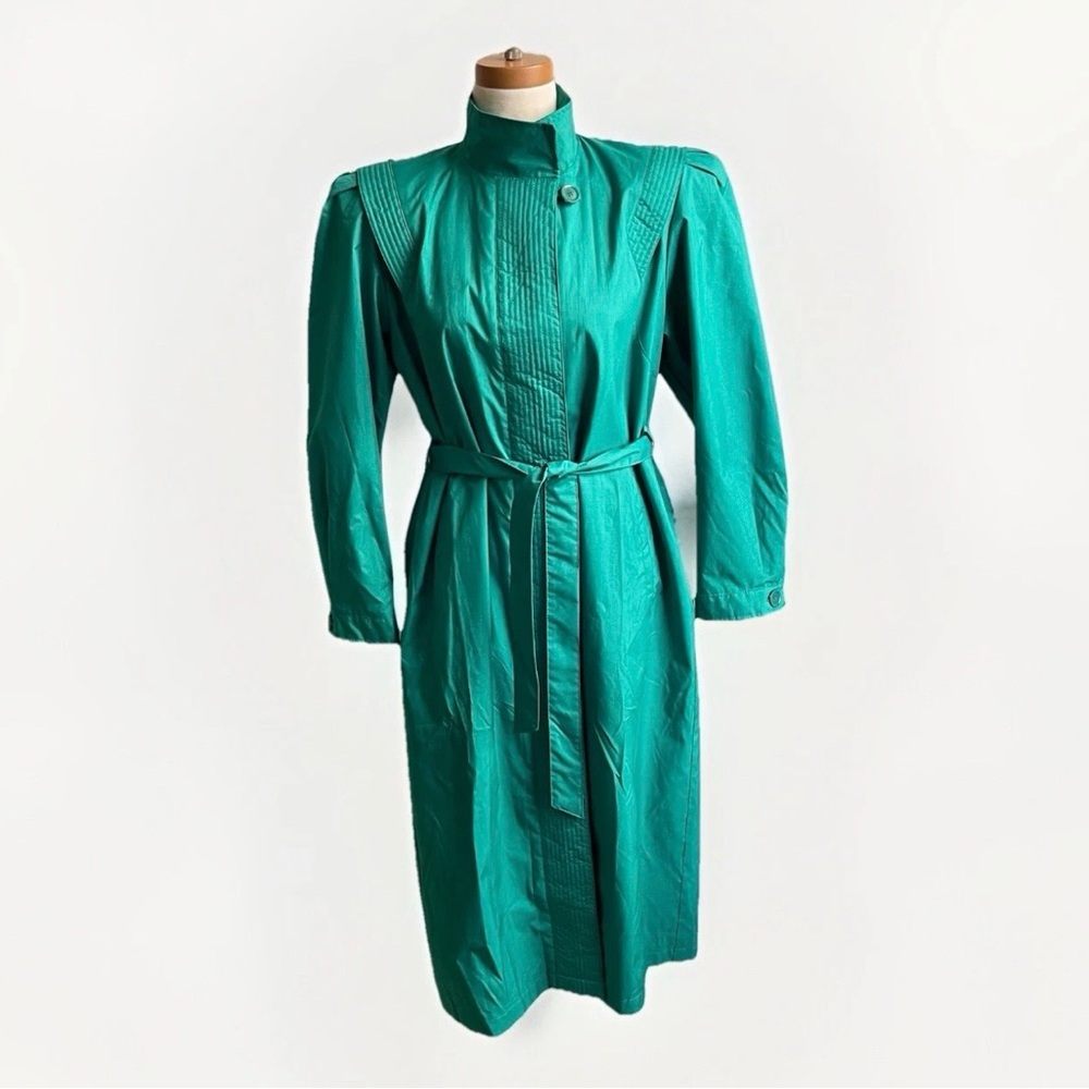 Vintage 80s Micki Green Long Raincoat Belt funnel Neck Quilted Korea 9 10 Medium